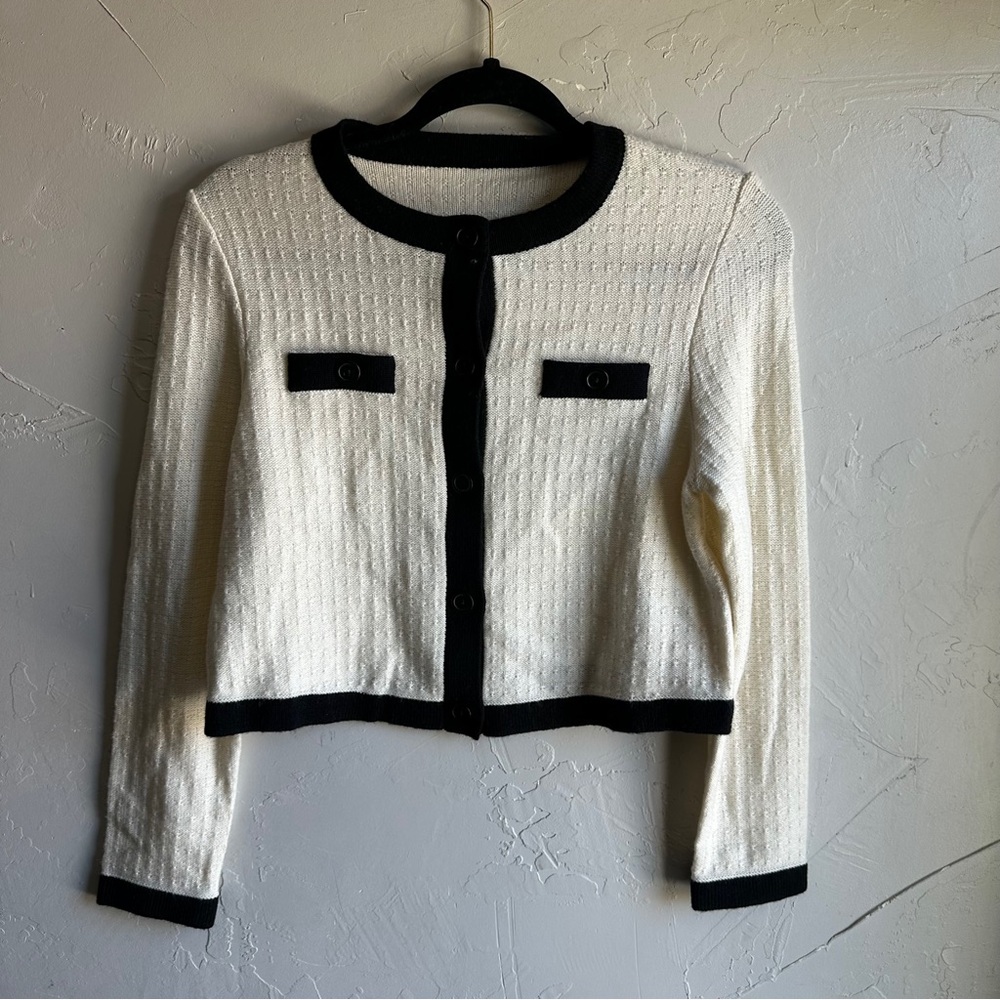 GOELIA Cropped Knit Cardigan French Girl Coquette‎ Clean Girl Black & Cream Sz 4